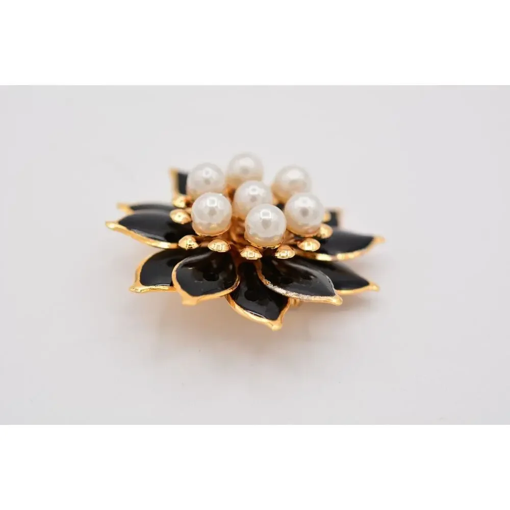 Vintage Flower Pin Brooch Black Enamel Faux Pearl Lightweight 1990s BinAT